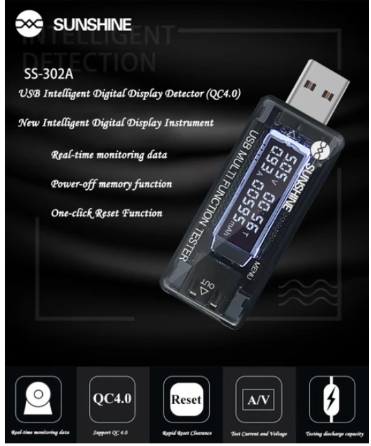 Sunshine USB Şarj Akım Voltaj Test Cihazı USB Arıza Tespit Cihazı SS-302A - Görsel 2